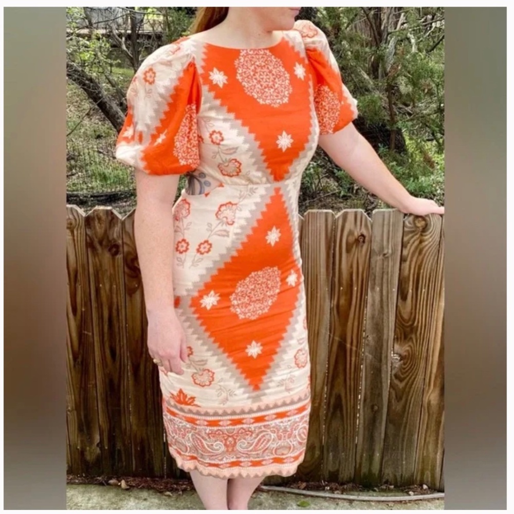 Antonio Melani midi tie-back puff sleeve linen dress